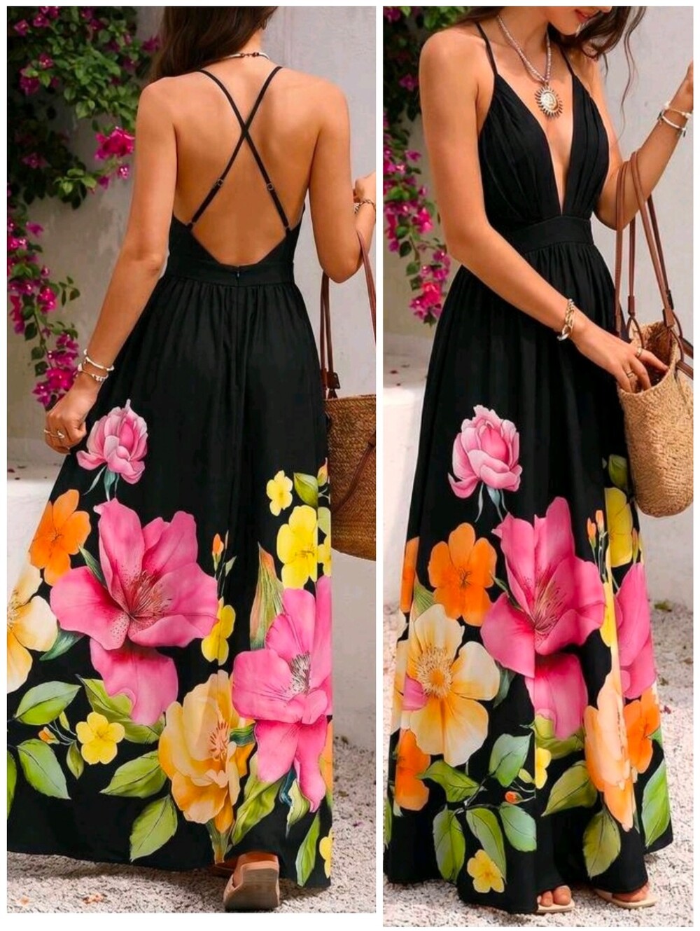 New Flowy Floral Print Maxi Dress Halter Long Peach Black Pink Yellow Green